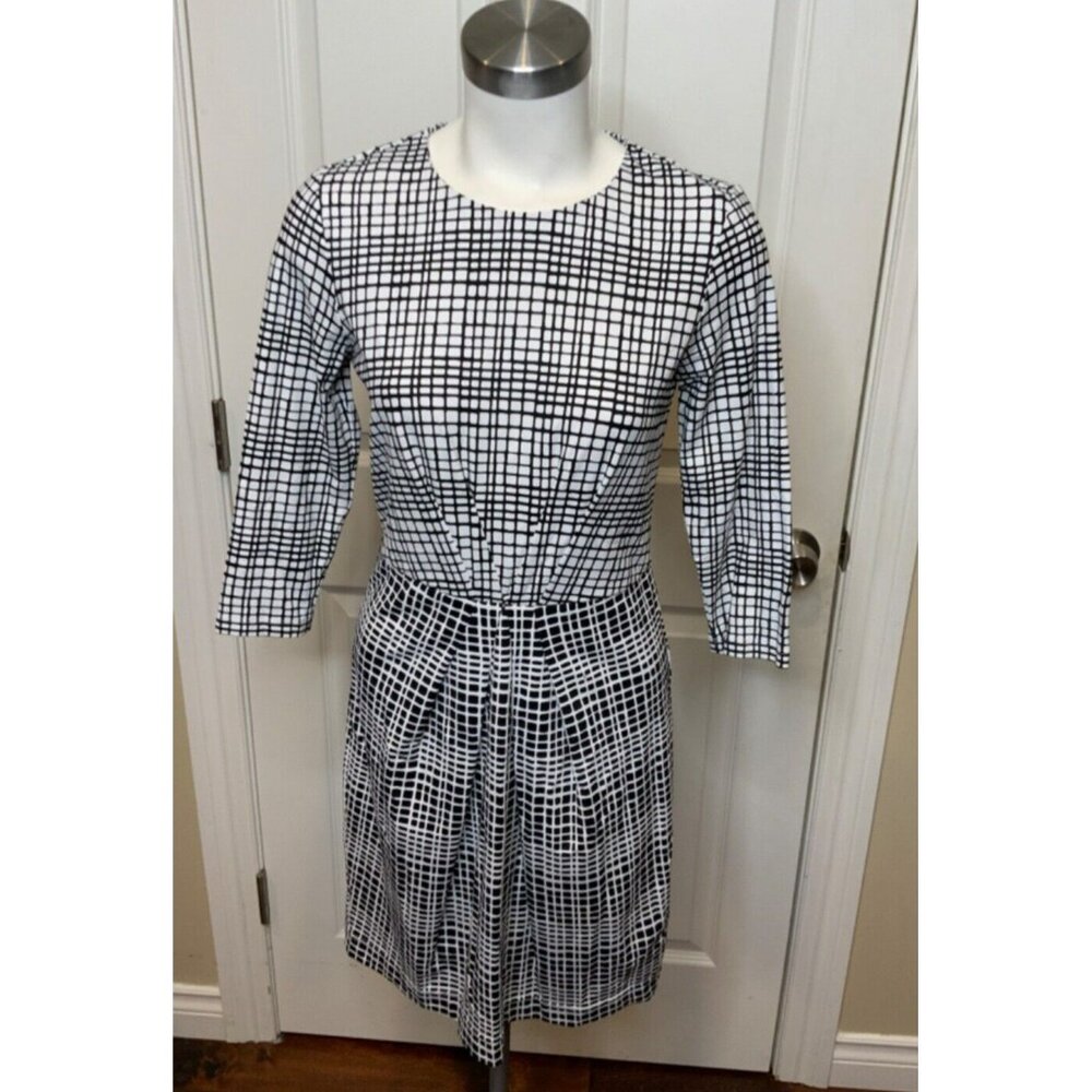 J. McLaughlin White Black Windowpane Check Long Sleeve Fit & Flare Dress Size XS